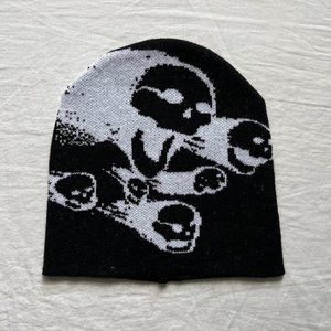 Y2K 2000s grunge skull flame design jacquard black beanie